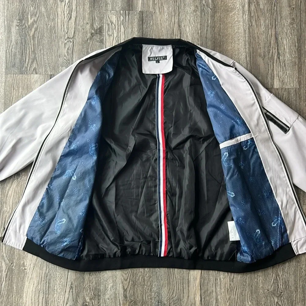 Wulful Jacket Gray White Casual Lightweight Bomber Jacket Size Large Zip Up